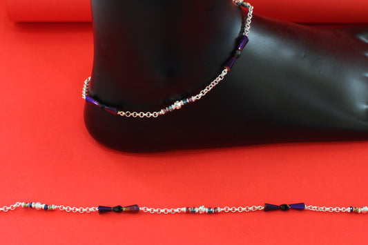Elegant Silver Anklet with Black Beads & Multicolor Stone Detailing – Traditional & Stylish Payal for Women and Girls