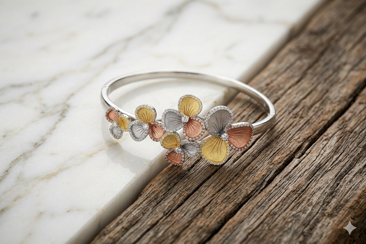 925 Sterling Silver Tri-Tone Floral Bangle – Elegant Rose Gold, Yellow Gold & Silver Flower Cluster Kada for Women