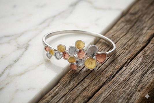 925 Sterling Silver Tri-Tone Floral Bangle – Elegant Rose Gold, Yellow Gold & Silver Flower Cluster Kada for Women