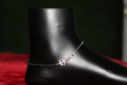 925 Sterling Silver Evil Eye Star Anklet for Women & Girls | Black Beads Payal with Protective Nazar Charm