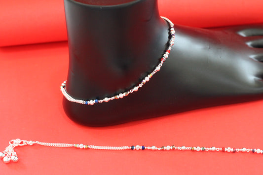 Stylish Silver Chain Anklet with multi color Beads and slik chain  – Everyday Wear Sterling Silver Payal