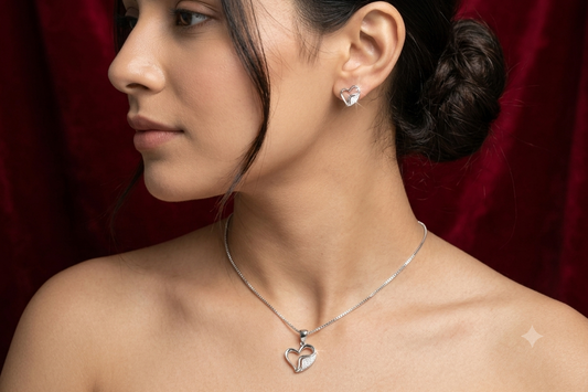 Pure Silver Romantic Heart Pendant with Matching Earrings – CZ Diamond Gift Set