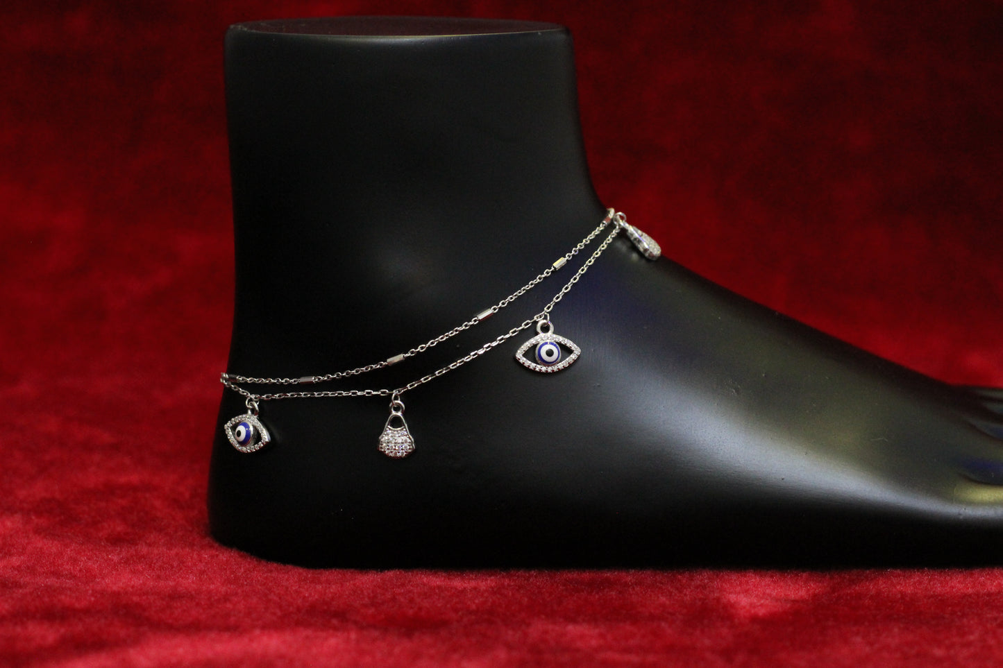 925 Sterling Silver Evil Eye Double Layer Anklet for Women & Girls – Adjustable Chain with Stone Charms