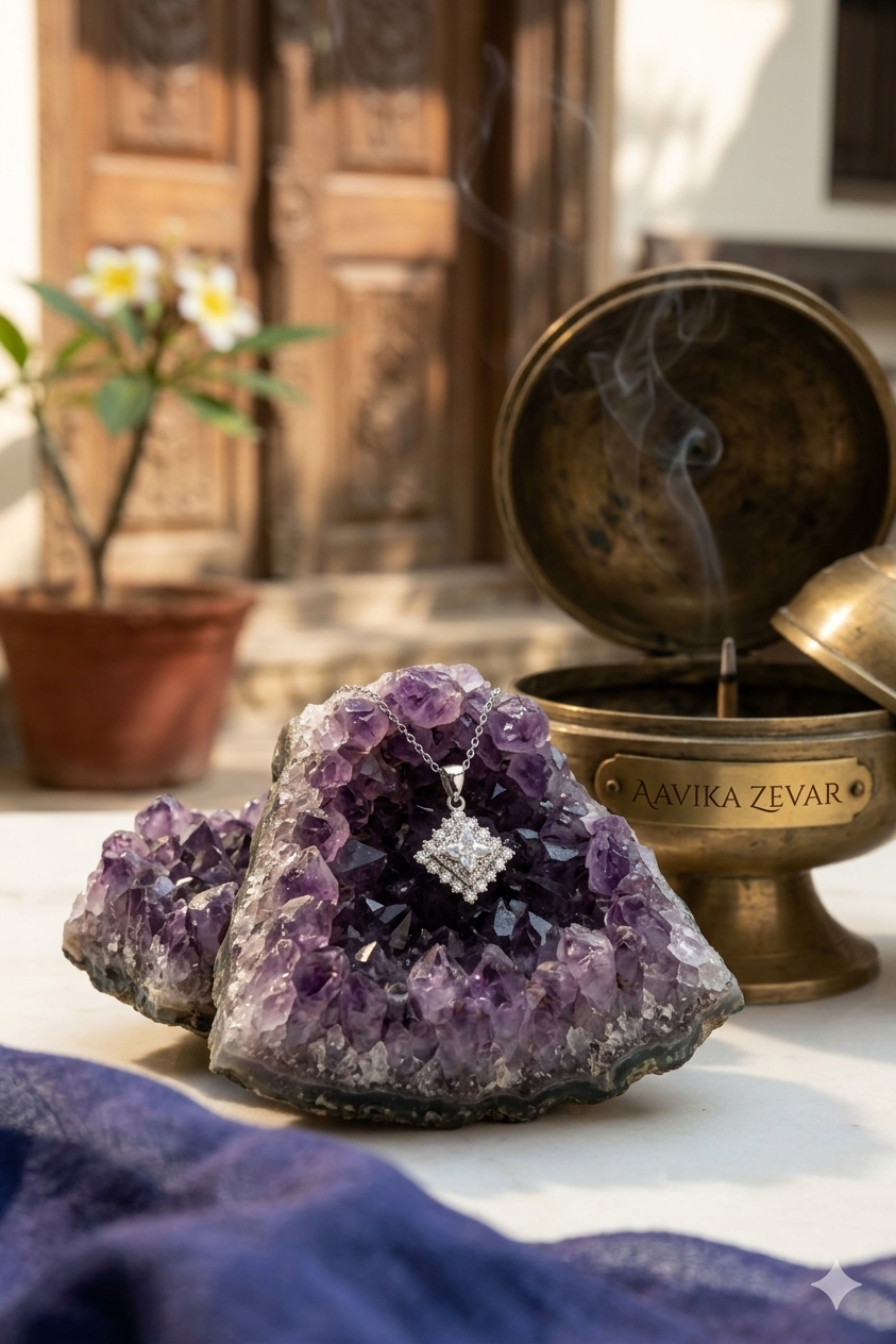 Aavika Zevar Square Halo Radiant Cut Pendant Necklace | Silver Geometric Rhombus Statement Jewelry for Weddings and Parties