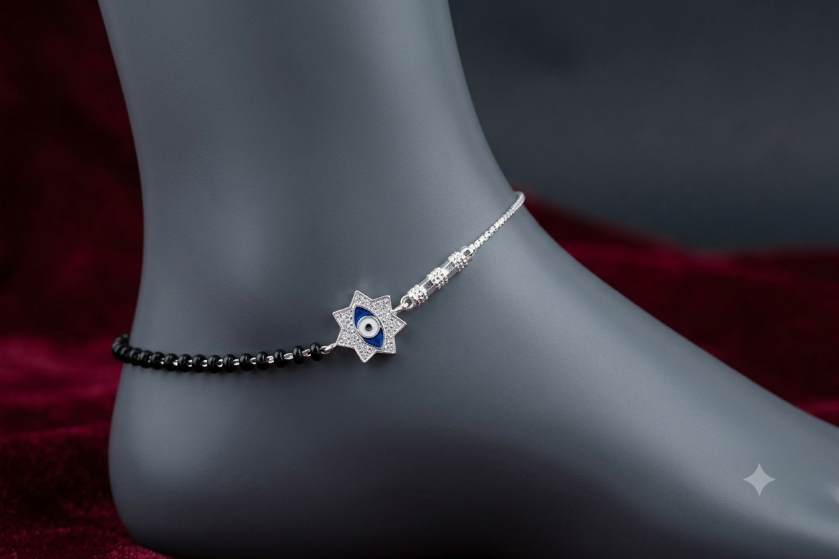 925 Sterling Silver Evil Eye Star Anklet for Women & Girls | Black Beads Payal with Protective Nazar Charm pair/single