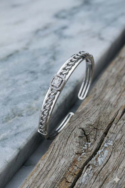 925 Sterling Silver Baguette Diamond Halo Kada – Elegant Interlocking Chain Motif Cuff Bracelet for Women