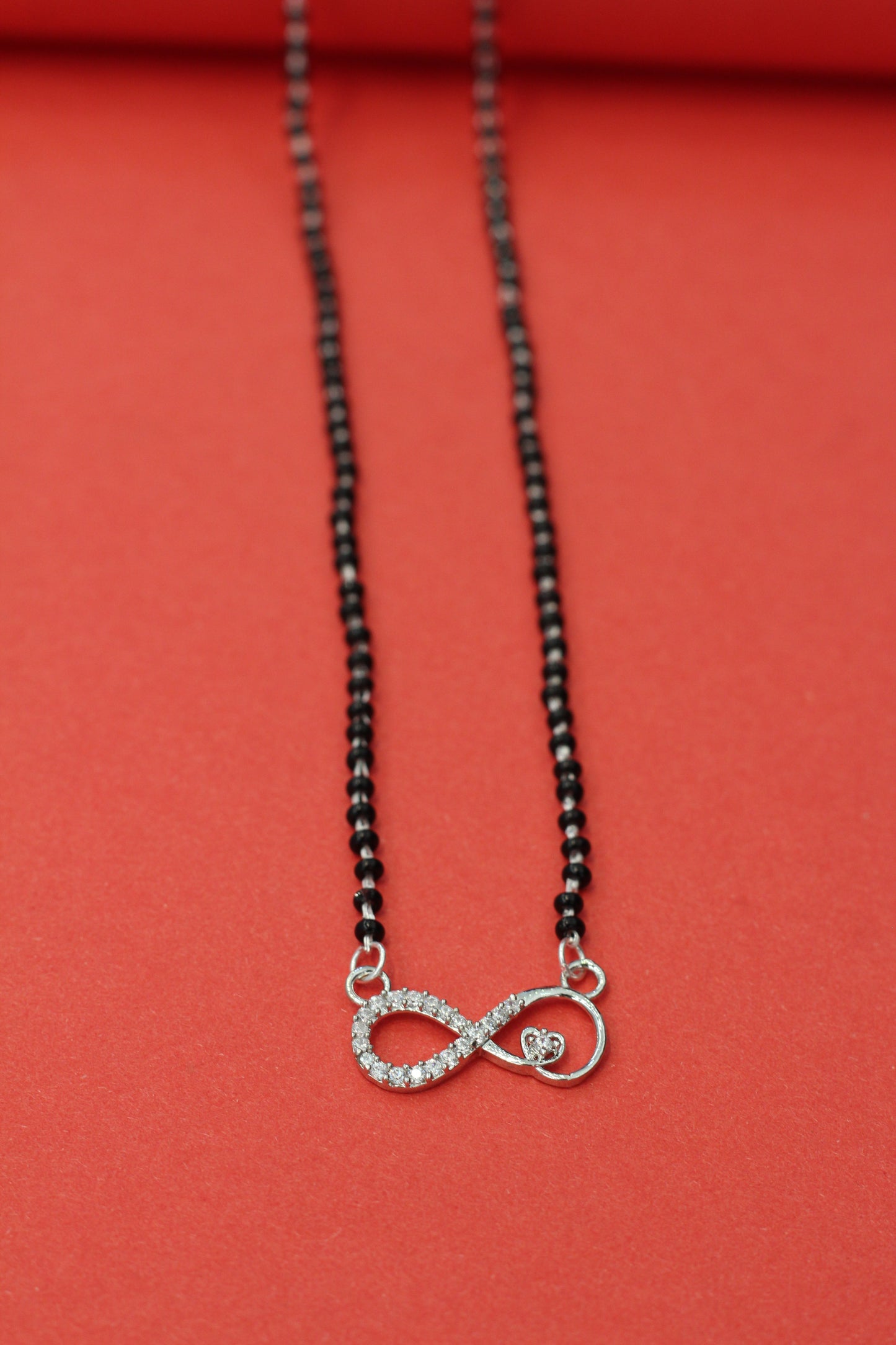 Italian Silver 925 Hallmarked Mangalsutra for Women | Infinity Design with small heart CZ Pendant | Black Beads Chain | Daily Wear & Gift for Wife