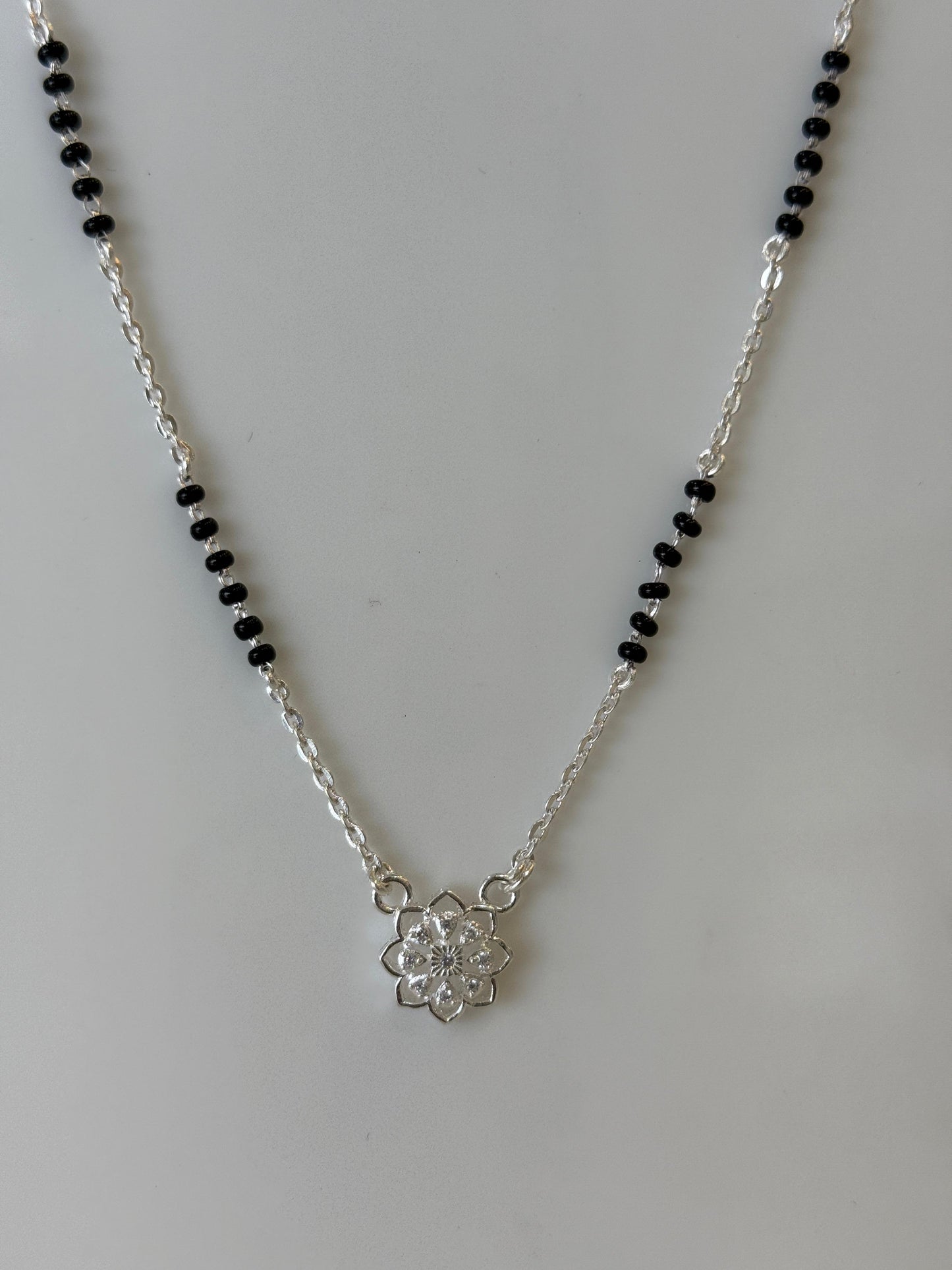 Silver Mangalsutra with flower Pendant | Daily Wear Black Beads Chain for Women | Lightweight Traditional Jewelry