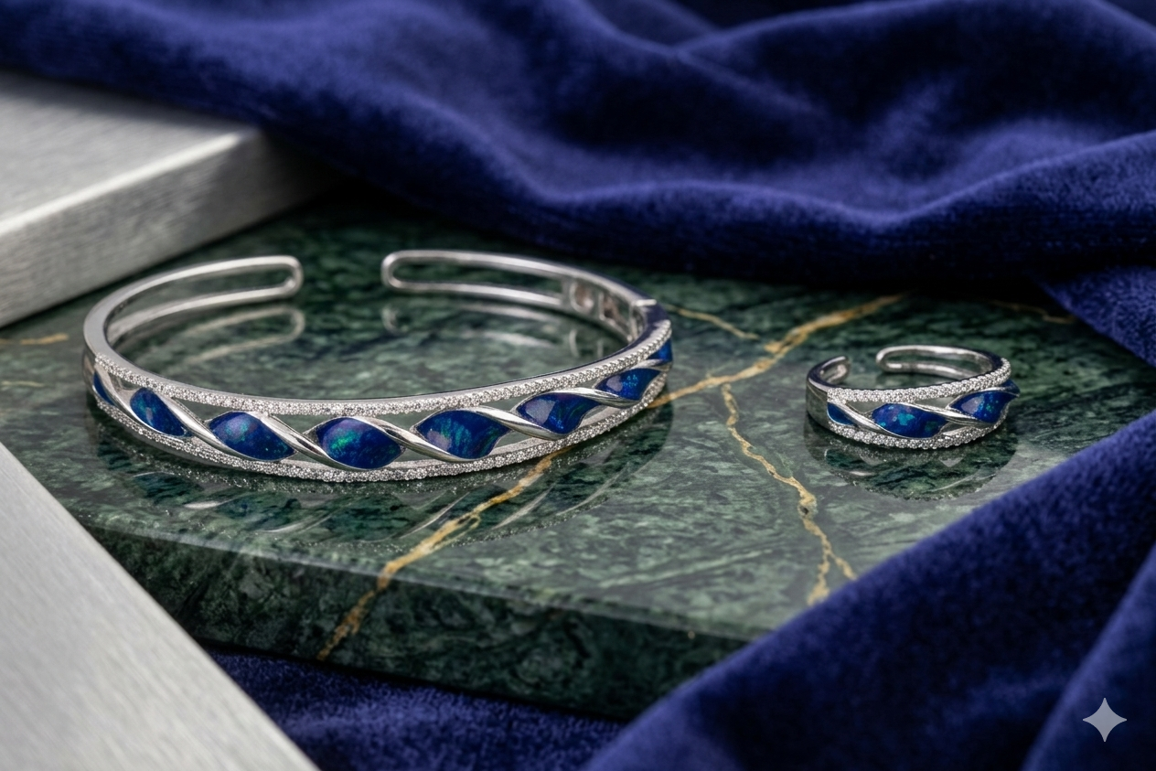 Sterling Silver Kada & Ring Combo with Blue Enamel Work