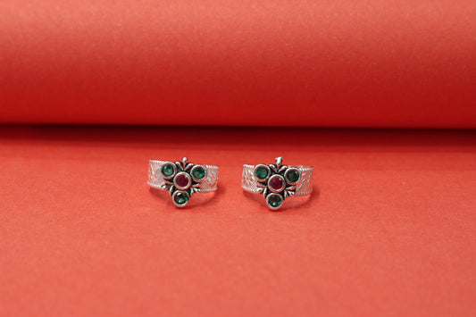 Silver Adjustable Toe Rings for Women | Floral Design with Multicolor Stones | Oxidized Silver Bichiya | Traditional & Daily Wear (Pair)