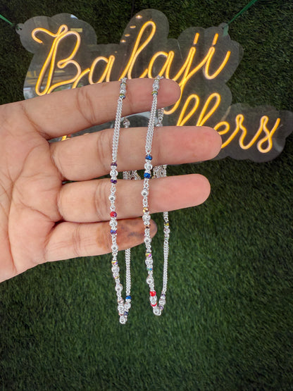 Stylish Silver Chain Anklet with multi color Beads and slik chain  – Everyday Wear Sterling Silver Payal