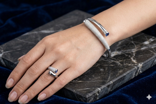 Elegant Silver Finish Kada & Ring Combo Set with CZ Stones