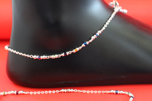 Elegant Silver Anklet with Multicolor Beads for Women & Girls – Lightweight Daily Wear Payal