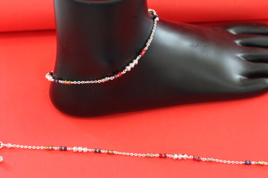 Stylish Silver Chain Anklet with multi color Beads – Everyday Wear Sterling Silver Payal