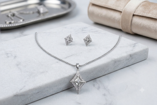 Silver chain with pendant and earrings