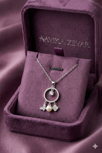 Aavika Zevar Silver Dreamcatcher Charm Necklace with Pearl and Butterfly Accents | Fancy Multi-Charm Cubic Zirconia Pendant for Women