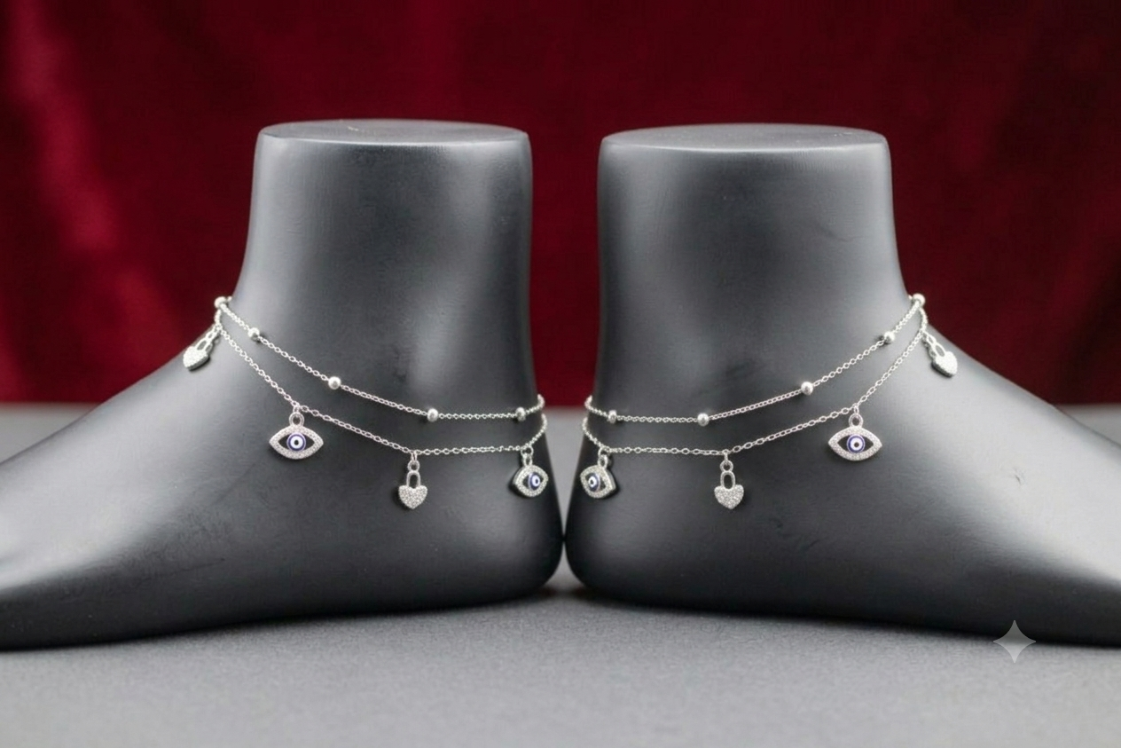 925 Sterling Silver Evil Eye Double Layer Anklet for Women & Girls – Adjustable Chain with heart Stone Charms pair