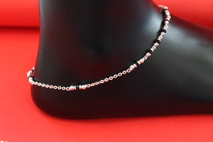 Stylish Silver Chain Anklet with Black Beads – Everyday Wear Sterling Silver Payal