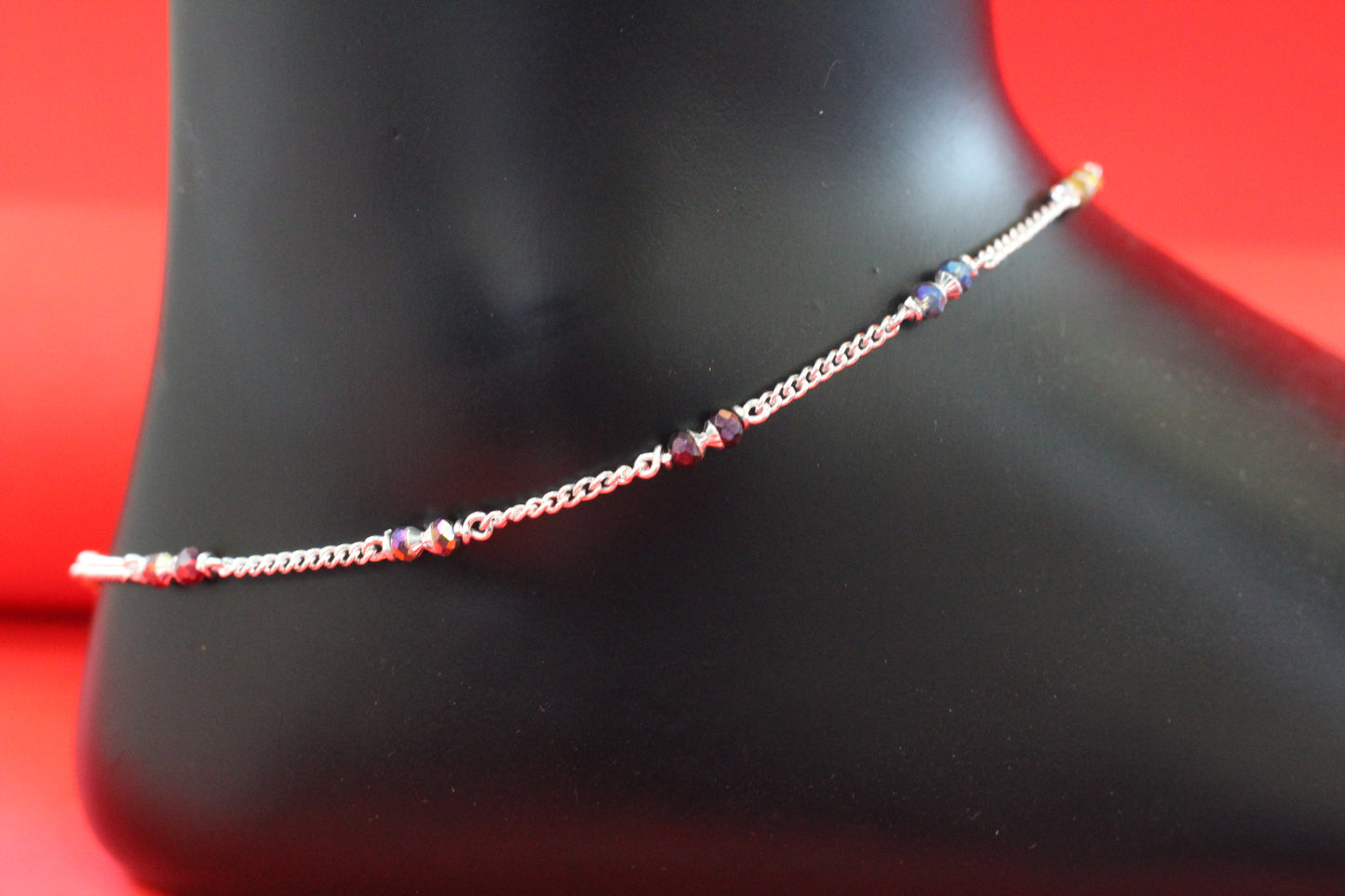 Elegant Silver Anklet with Multicolor Beads for Women & Girls with linked chain
