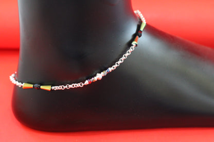 Elegant Silver Anklet with Black Beads & Multicolor Stone Detailing – Traditional & Stylish Payal for Women and Girls