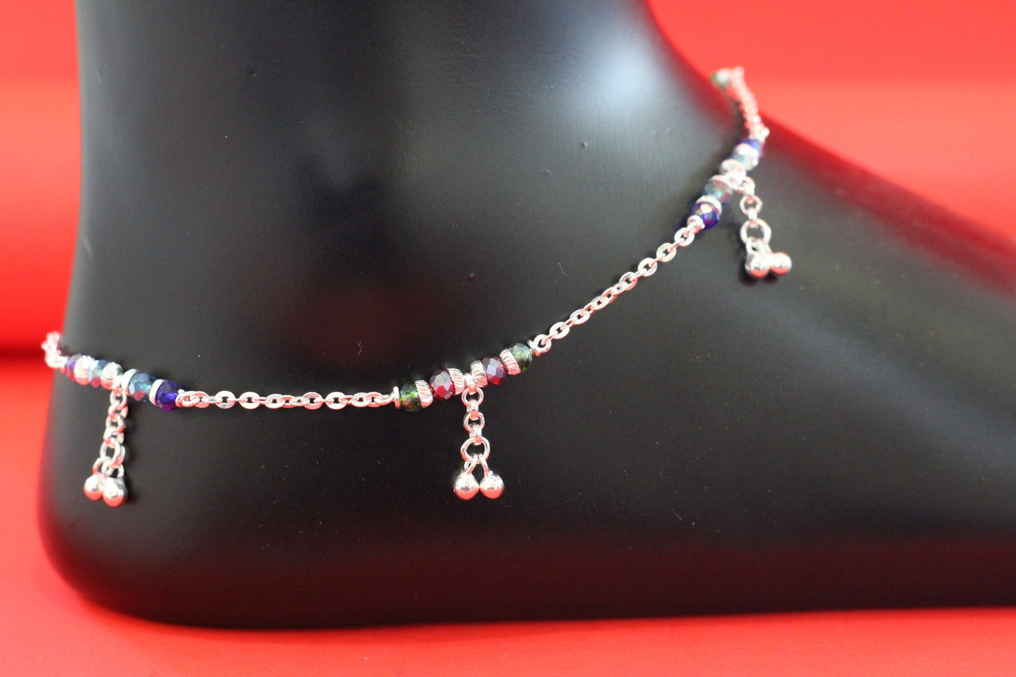 Elegant Silver multi color Beaded Anklet with Hanging Charms for Women & Girls